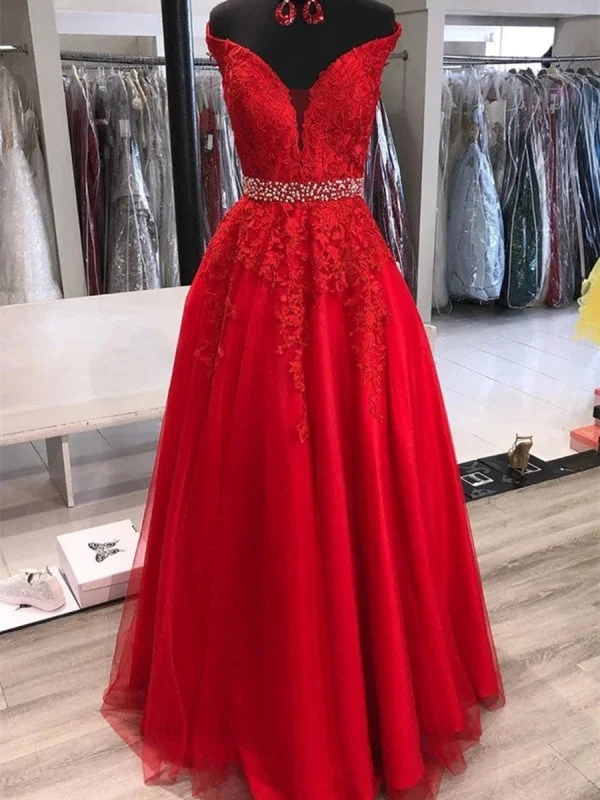 long sleeve evening gown-Elegant Off Shoulder Red Lace Long Prom with Belt, Off Shoulder Red Formal, Red Lace Evening