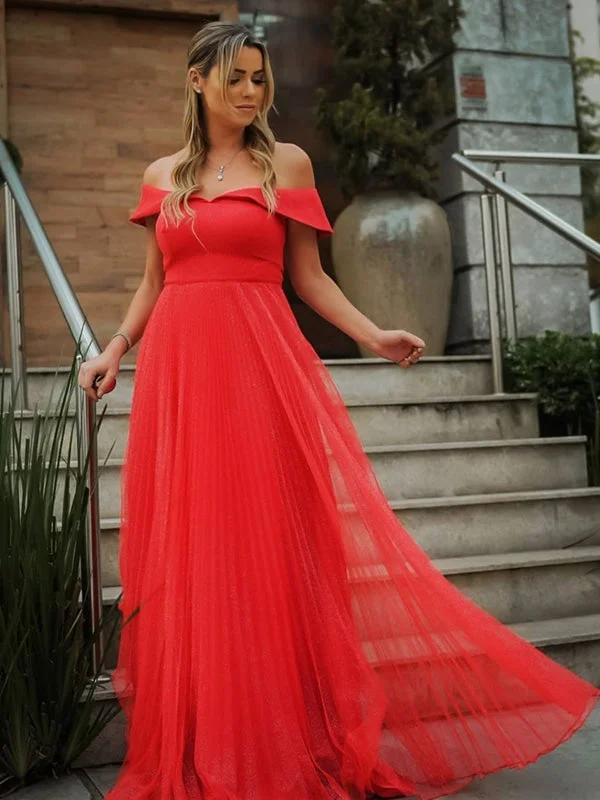 deep V-neck evening gown-Elegant Off the Shoulder Red Long Promes, Long Off Shoulder Red Formal Evening