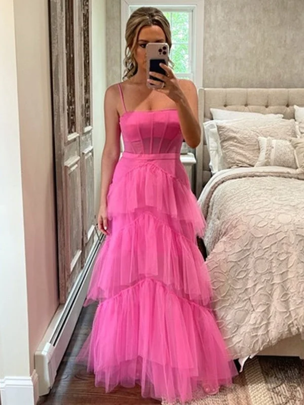 mermaid evening gown-Elegant Open Back Layered Hot Pink Tulle Long Prom Dresses, Hot Pink Tulle Formal Graduation Evening Dresses