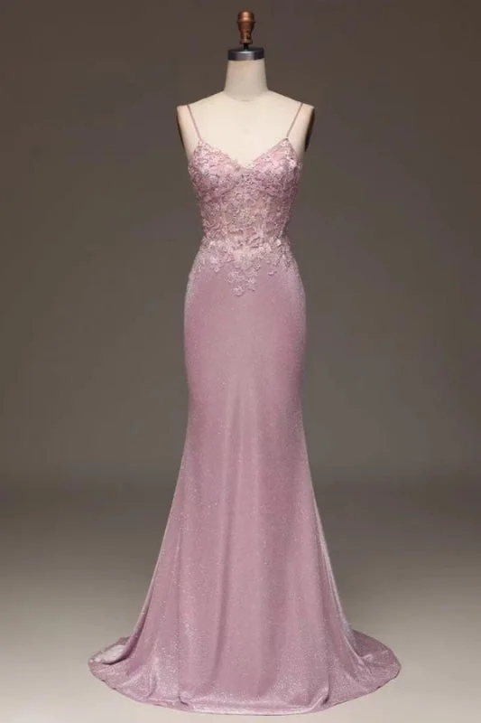 evening dress with plunging neckline-Elegant Pink Spaghetti-Strap Shining Sleeveless Prom Dress