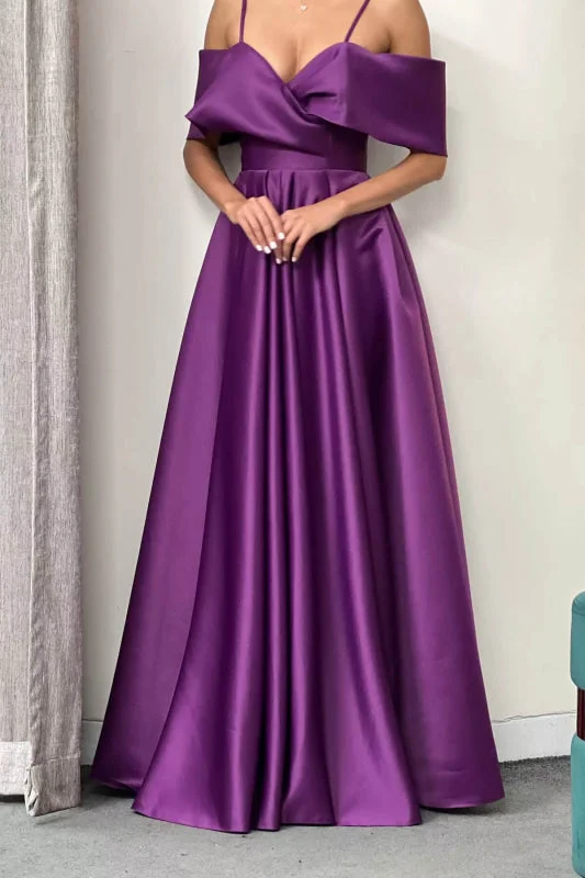 evening dress with blouson top-Elegant Prom Dress with Pockets - Purple Off-The-Shoulder A-Line