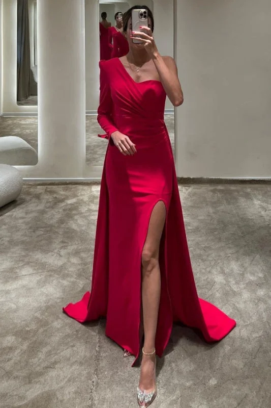 evening dress with embroidery-Elegant Red One-Shoulder Prom Dress with Front Split Court Mermaid Style