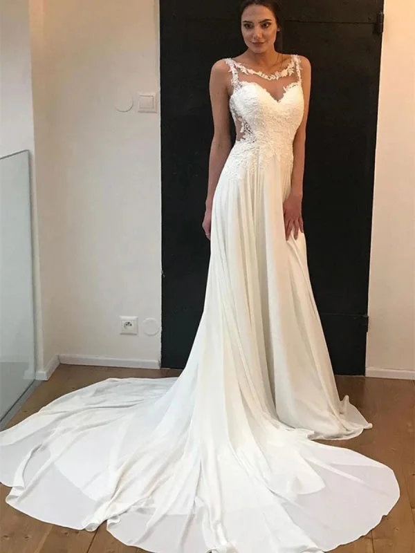 elegant velvet evening dress-Elegant Round Neck Lace White Chiffon Wedding Prom, White Lace Formal, White Evening