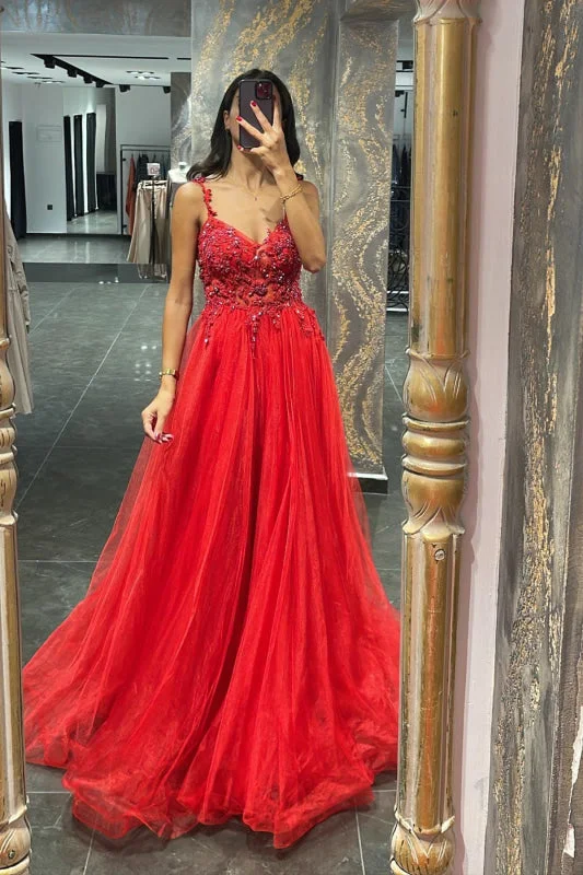 evening dress with side slit-Elegant Spaghetti-Strap Mermaid Prom Dress with Appliques and Beadings