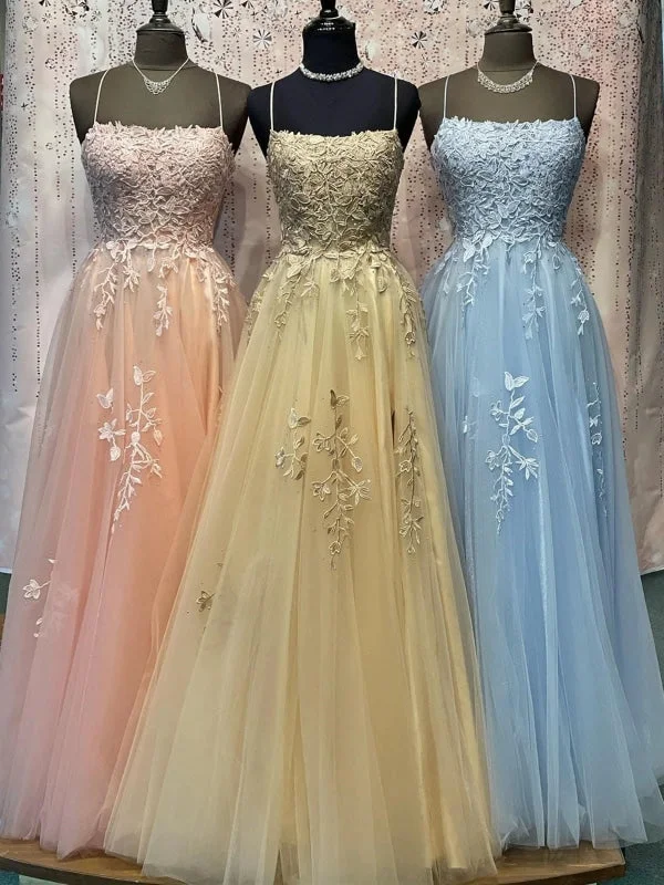 cap sleeve evening gown-Elegant Spaghetti Straps Beaded Pink/Champagne/Blue Lace Tulle Long Prom Dresses, Pink/Champagne/Blue Lace Formal Graduation Evening Dresses