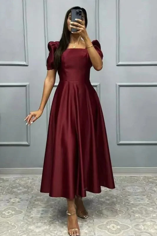 evening dress with blouson top-Elegant Square A-Line Prom Dress with Short Sleeves