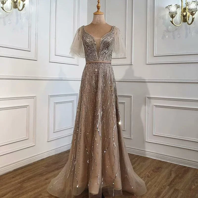 sparkly evening gown-Elegant Taupe Prom Dress, Short Sleeves V-Neck A-Line