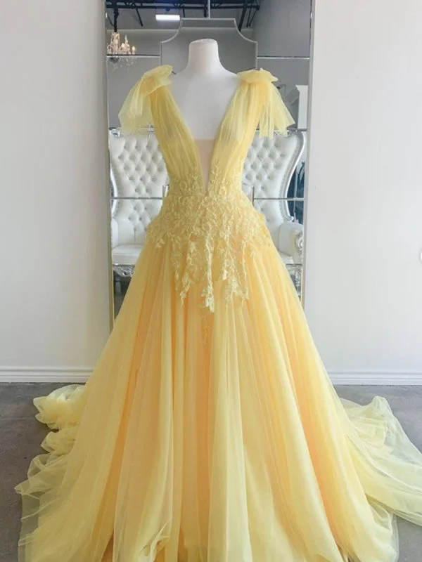 beaded evening dress-Elegant V Neck and V Back Yellow Lace Long Prom, Yellow Lace Formal Graduation Evening