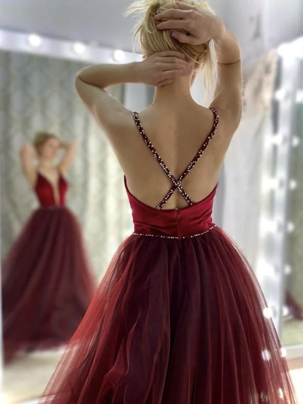 floral print evening gown-Elegant V Neck Backless Burgundy Long Prom, V Neck Wine Red Formal Graduation Evening