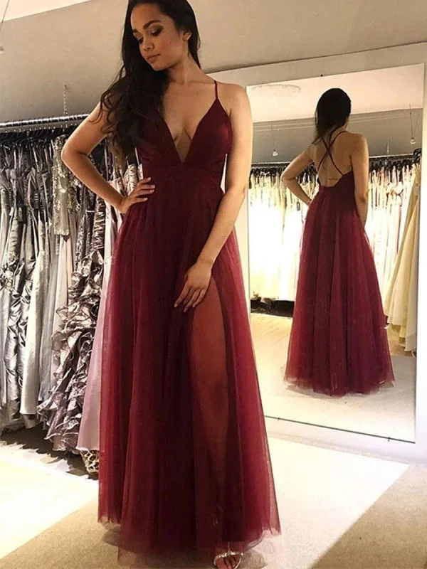 backless evening dress-Elegant V Neck Backless Burgundy Tulle Long Prom, Simple V Neck Burgundy Formal, Cheap Burgundy Evening