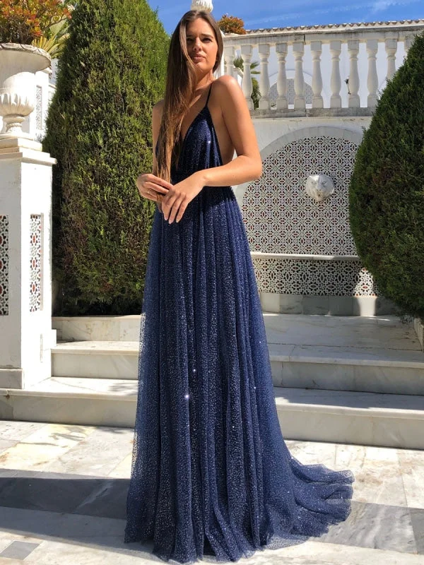 sweetheart neckline evening dress-Elegant V Neck Backless Navy Blue Long Prom, Sparkly Navy Blue Formal Evening