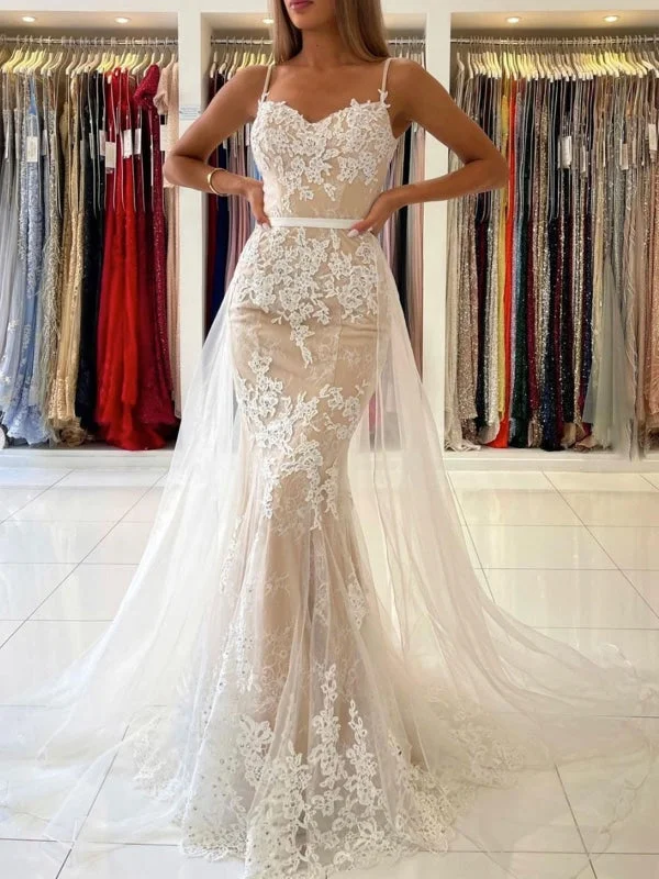 elegant evening dress with train-Elegant V Neck Mermaid Open Back Champagne Lace long Prom Dresses, Champagne Lace Formal Graduation Evening Dresses