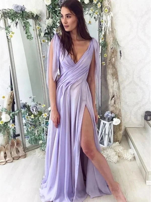 sleeveless tulle evening dress-Elegant V Neck Purple Chiffon Long Prom with High Slit, V Neck Purple Formal, Purple Evening