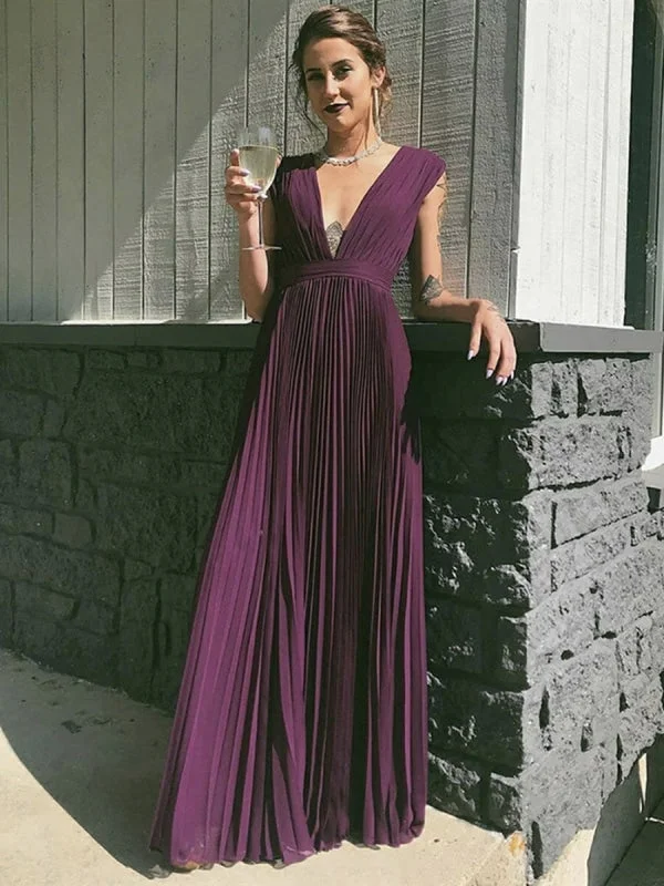 elegant white evening dress-Elegant V Neck Purple Pleated Chiffon Long Prom, V Neck Purple Formal Graduation Evening