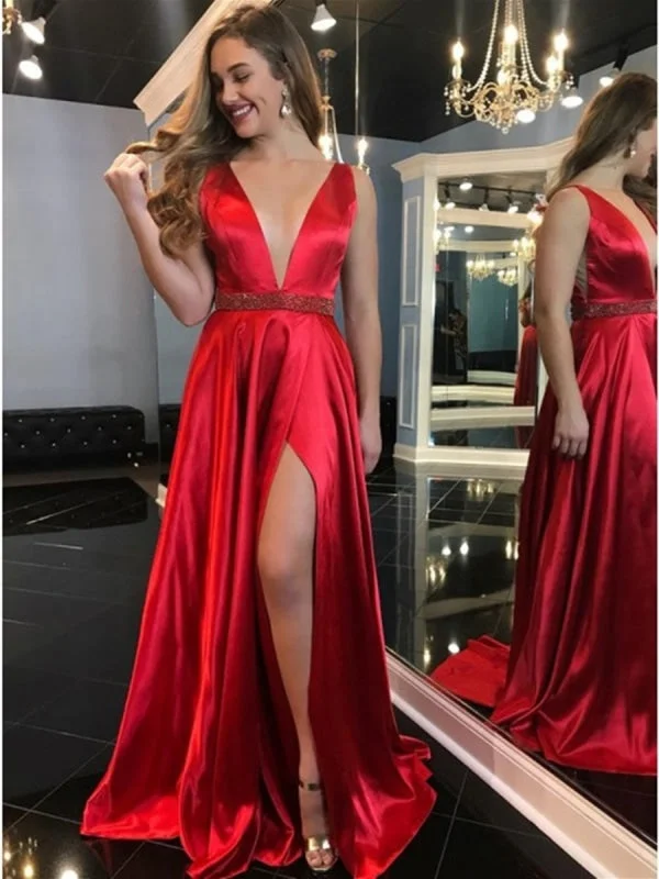 elegant lace overlay evening gown-Elegant V Neck Red Satin Long Prom 2020 with High Slit, V Neck Red Formal Graduation Evening