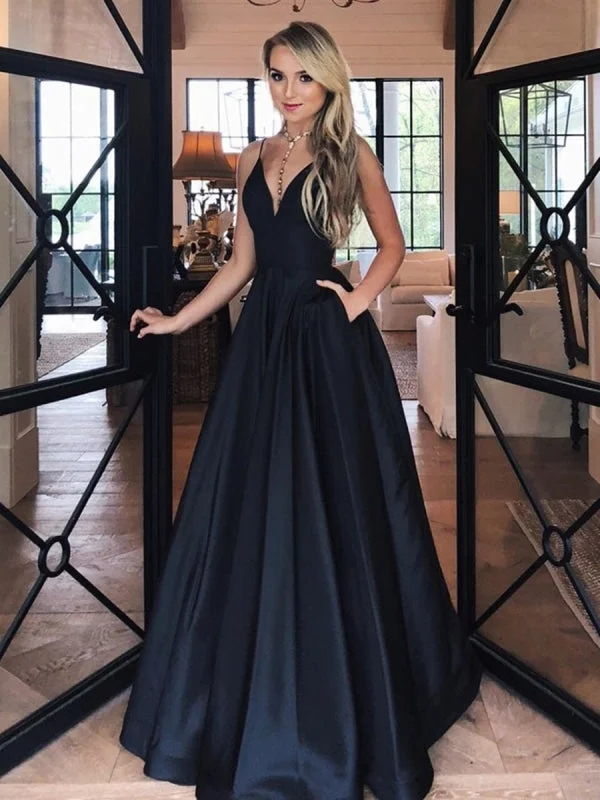 formal evening dress-Elegant V Neck Satin Black Long Prom with Pockets, Simple V Neck Black Formal Graduation Evening