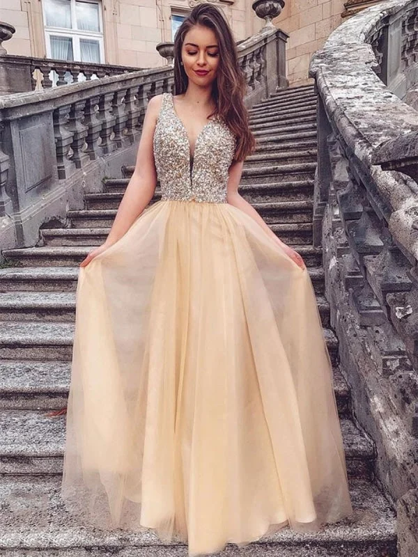 sweetheart neckline evening dress-Elegant V Neck Sequins Long Chapagne Prom, Sparkly Champagne Formal Graduation Evening, Shiny Party