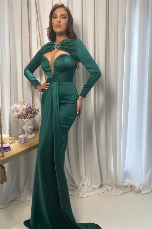 layered evening dress-Emerald Green Long Sleeve V-Neck Prom Dress