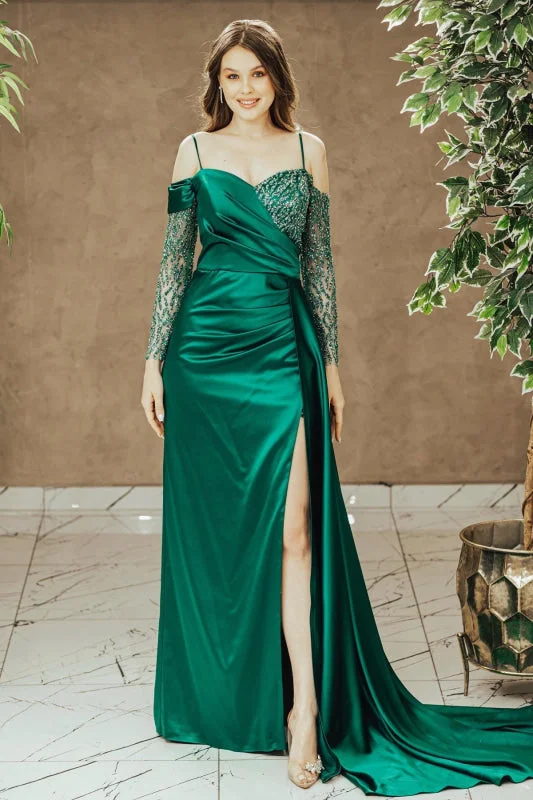 evening gown with floral lace-Emerald Spaghetti-Strap Off-the-Shoulder Sequined Prom Dress with Pleated Slit