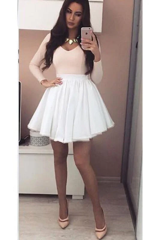 mermaid evening gown-Fascinating Awesome Wonderful Pink Long Sleeves V-neck Homecoming Dress with White Skirt Mini Grad Dresses