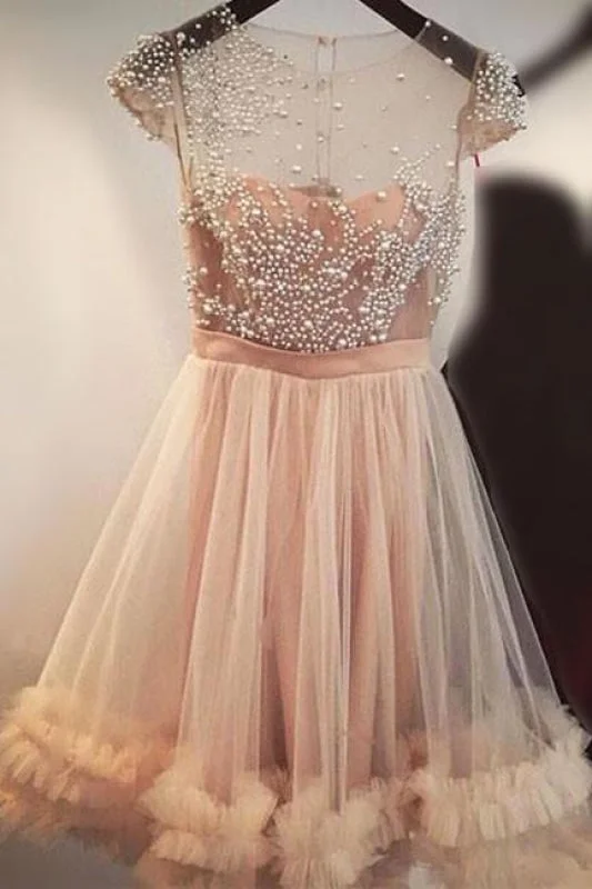 evening gown with sheer overlay-Fashion A-Line Jewel Cap Sleeves Tulle Homecoming Beading Short Prom Dress