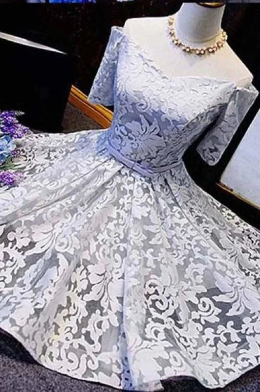 fit and flare evening dress-Fashion A-line Off-the-shoulder 1/2 Sleeve Lace Homecoming Dresses with Bowknot