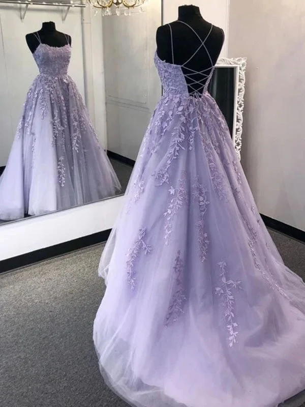 high slit evening dress-Fashion Criss-Cross Back Lavender Lace Long Prom Dresses, Open Back Lavender Lace Appliqued Formal Evening Dresses