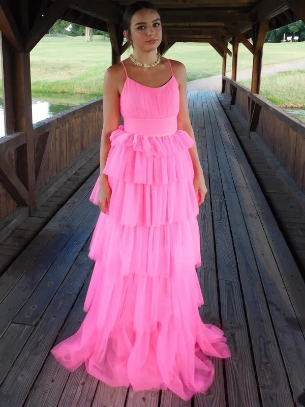 royal blue evening gown-Fashion Open Back Layered Pink Long Prom Dresses, Pink Formal Graduation Evening Dresses