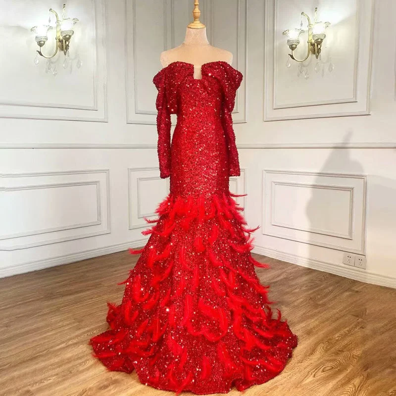 pleated evening gown-Fashion Red Sequin Prom Dress, Long Sleeves A-Line with Feather