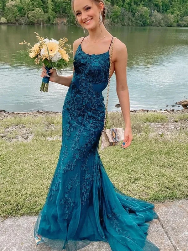 mermaid evening dress-Fashion Teal Lace Tulle Mermaid Backless Long Prom Dresses, Mermaid Teal Lace Formal Dresses, Teal Lace Evening Dresses