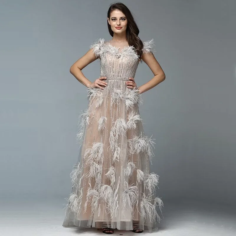 elegant cocktail evening dress-Feather Sequins Applique Prom Dress, A-Line Tulle