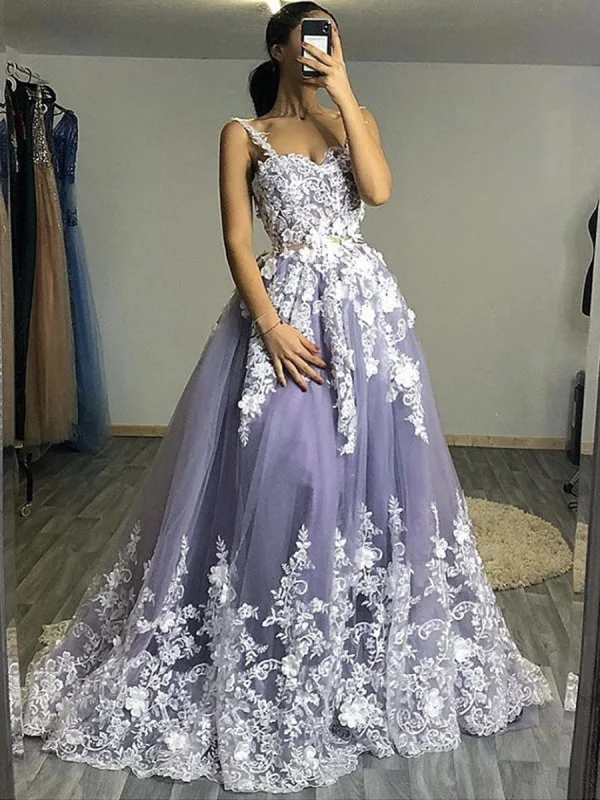 scalloped hem evening gown-Fluffy White Floral Lace Top Gray Long Prom Dresses, Floral Lace Gray Formal Evening Dresses, Gray Ball