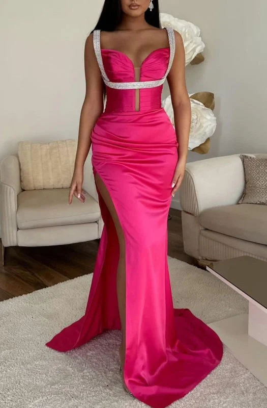 draped evening gown-Fuchsia Spaghetti-Strap V-Neck Sleeveless Mermaid Prom Dress with High Slit