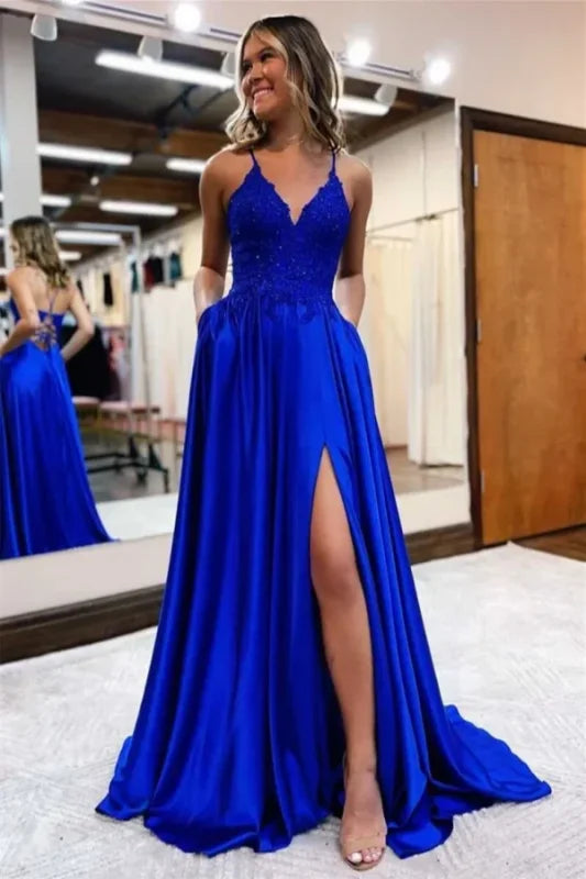 elegant satin evening dress-Glamorous Dark Blue Spaghetti Strap Mermaid Prom Dress, Long