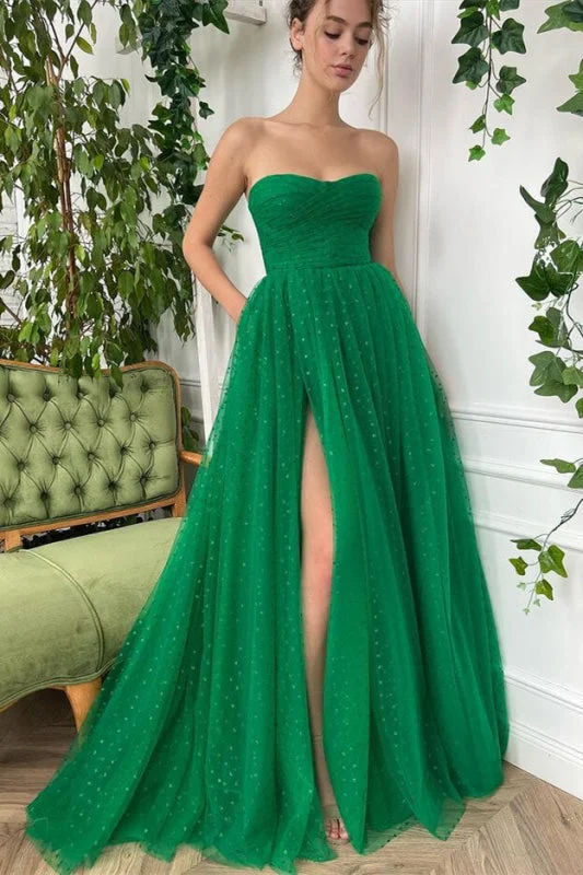 evening gown with pleated skirt-Glamorous Green Sleeveless Sweetheart Tulle Prom Dress with Split