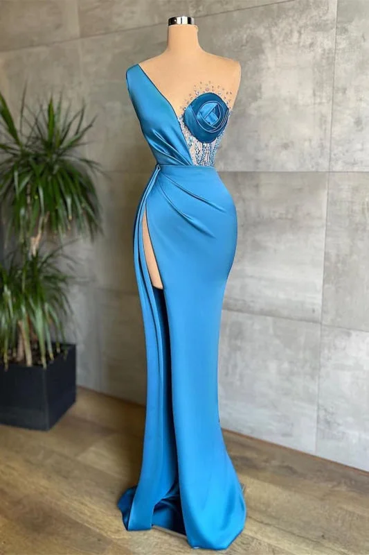 elegant evening dress with sleeves-Glamorous Ocean Blue One-Shoulder Mermaid Prom Dress with Slit