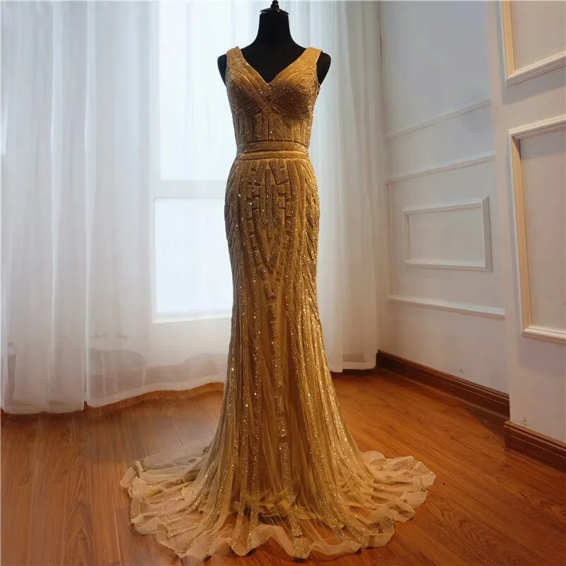 evening dress with crystals-Gold Sequin Mermaid Prom Dress, V-Neck, Long Sleeveless