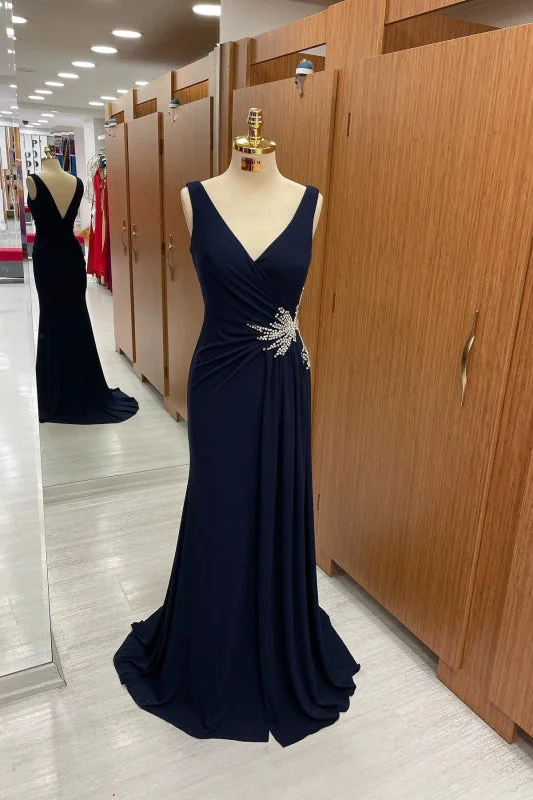 flared evening dress-Gorgeous Dark Navy Strapped V-Neck Pleated Prom Dress with Rhinestones