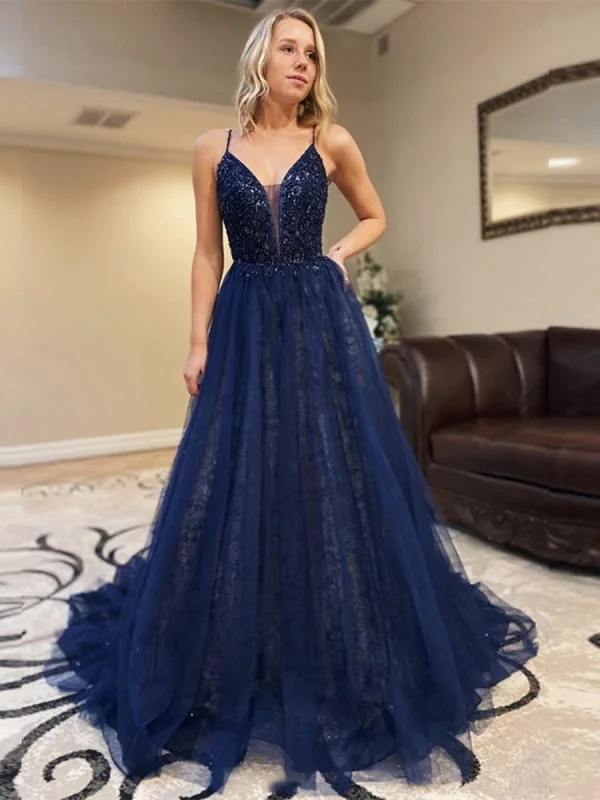 floor-length evening gown-Gorgeous Deep V Neck Sequins Backless Navy Blue Lace Long Prom 2020, Backless Navy Blue Lace Formal, Navy Blue Evening