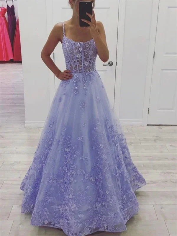 vintage-inspired evening gown-Gorgeous Lilac Lace Floral Long Prom Dresses, Lavender Lace Formal Evening Dresses with 3D Flowers