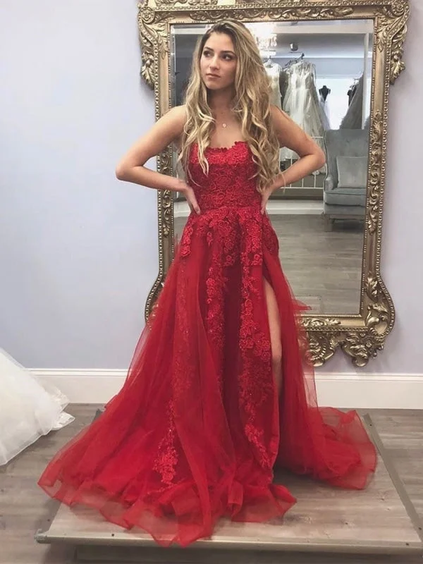 evening dress with blouson top-Gorgeous Long Appliques Burgundy Lace Prom with High Slit, Burgundy Lace Formal, Burgundy Evening