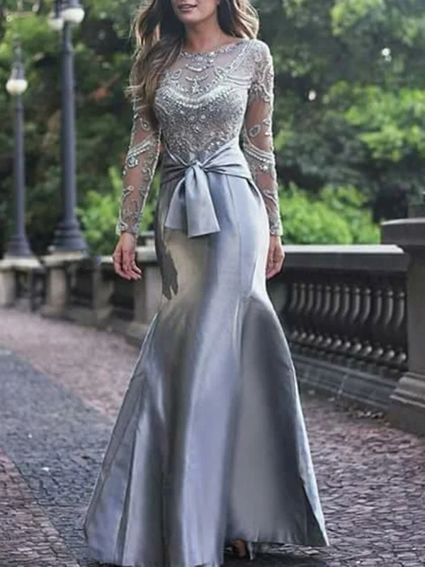 sheer back evening dress-Gorgeous Mermaid Long Sleeves Gray Beaded Long Prom Dresses, Mermaid Gray Formal Dresses, Beaded Gray Evening Dresses