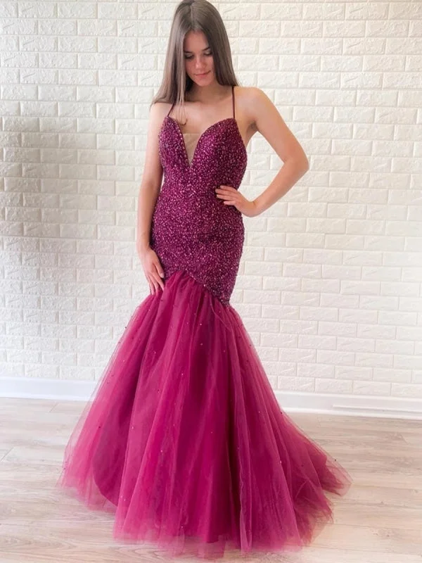 modest evening dress-Gorgeous Mermaid V Neck Backless Beaded Purple Prom, V Neck Mermaid Purple Formal, Mermaid Purple Evening