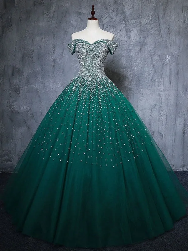 off shoulder evening dress-Gorgeous Off Shoulder Beaded Green Tulle Long Prom Dresses, Beaded Green Formal Evening Dresses, Beaded Ball Gown