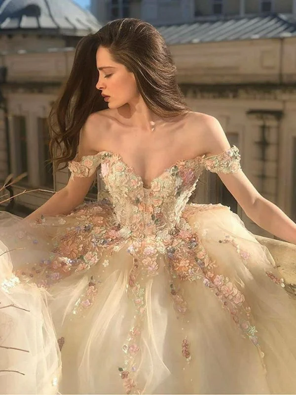 floor-length evening gown-Gorgeous Off Shoulder Long Champagne Lace Floral Prom, Off Shoulder Champagne Formal, Floral Evening