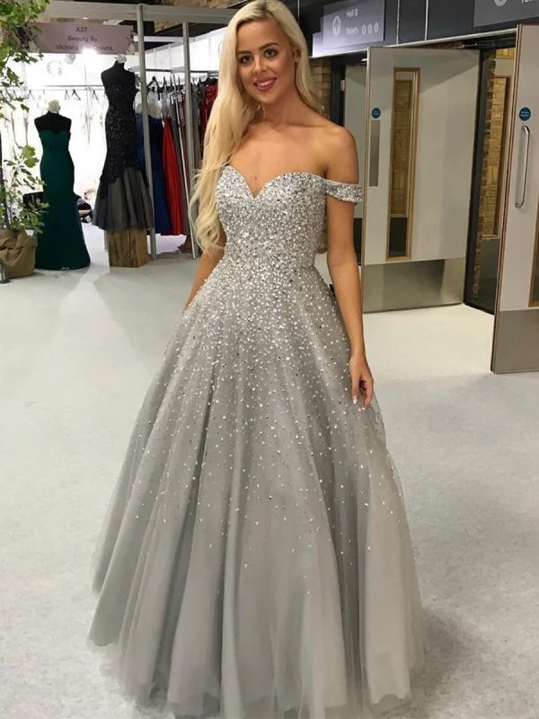 fishtail evening dress-Gorgeous Off Shoulder Silver Grey Sequins Long Prom, Off Shoulder Grey Formal Evening