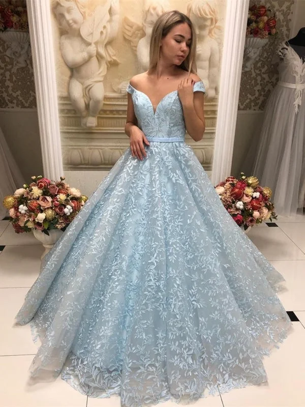 mermaid evening dress-Gorgeous Off Shoulder Sky Blue Lace Long Prom Dresses, Sky Blue Lace Formal Evening Dresses, Blue Ball