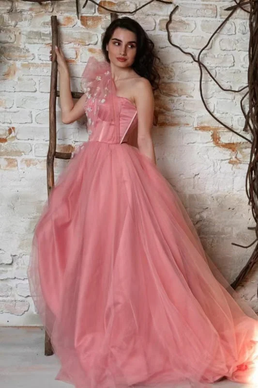 evening dress for black-tie events-Gorgeous One-Shoulder Sleeveless Tulle Prom Dress with Appliqu¨¦s