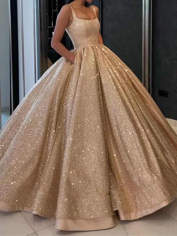 evening dress with crystals-Gorgeous Sequins Golden Long Prom Gown with Pockets, Bling Bling Golden Prom, Golden Formal, Evening