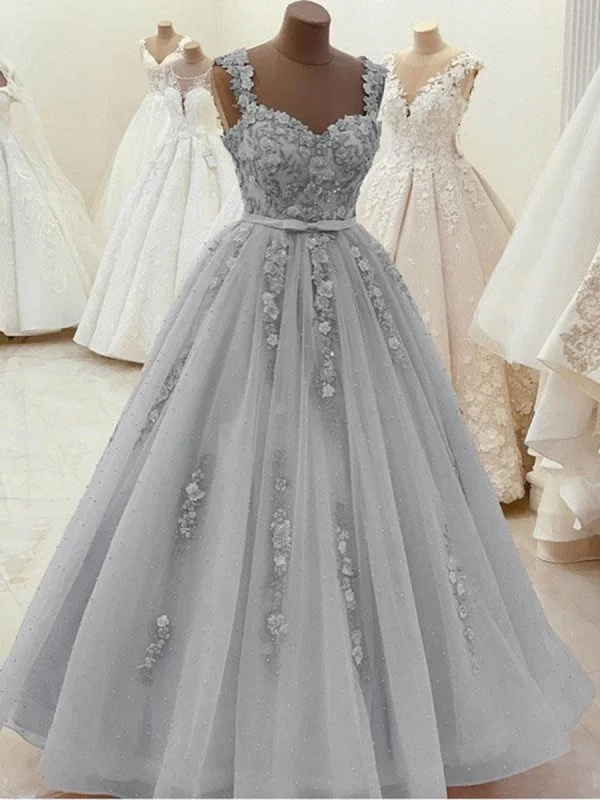 floor-length evening gown-Gorgeous Sweetheart Neck Beaded Gray Lace Prom, Gray Lace Formal, Gray Evening